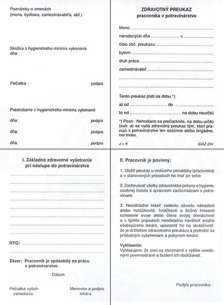 zdravotný preukaz prac.v pot.  A7