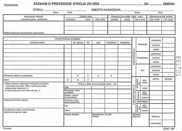 záznam o prevádzke stroja   A5